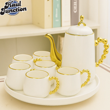 LUXURY TEA SET WITH GOLD ACCENTS  6 PIECE ELEGANT SERVING SET FOR VILLA KITCHEN DECOR - WHITE