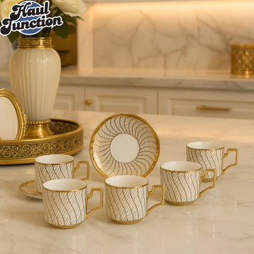 LUXURY GOLD-LINED TEA CUP & SAUCER SET – 6 PCS PREMIUM PORCELAIN COFFEE SET FOR  KITCHEN DISPLAY