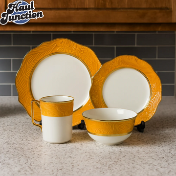 16-Piece Elegant Floral Embossed Dinner Set – Golden-Yellow Rim