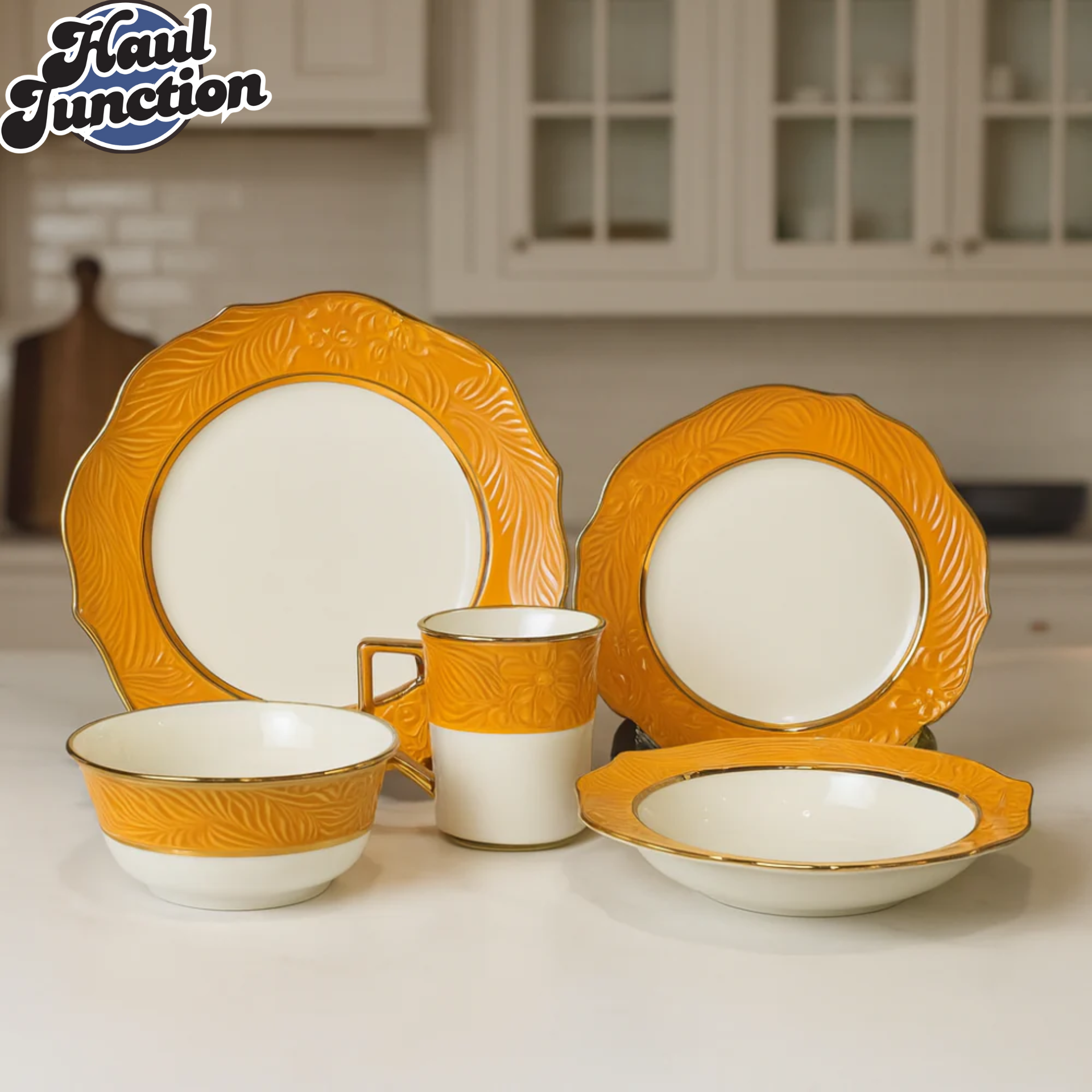 Elegant Floral Embossed 30-Piece Dinner Set with Golden-Yellow Rim