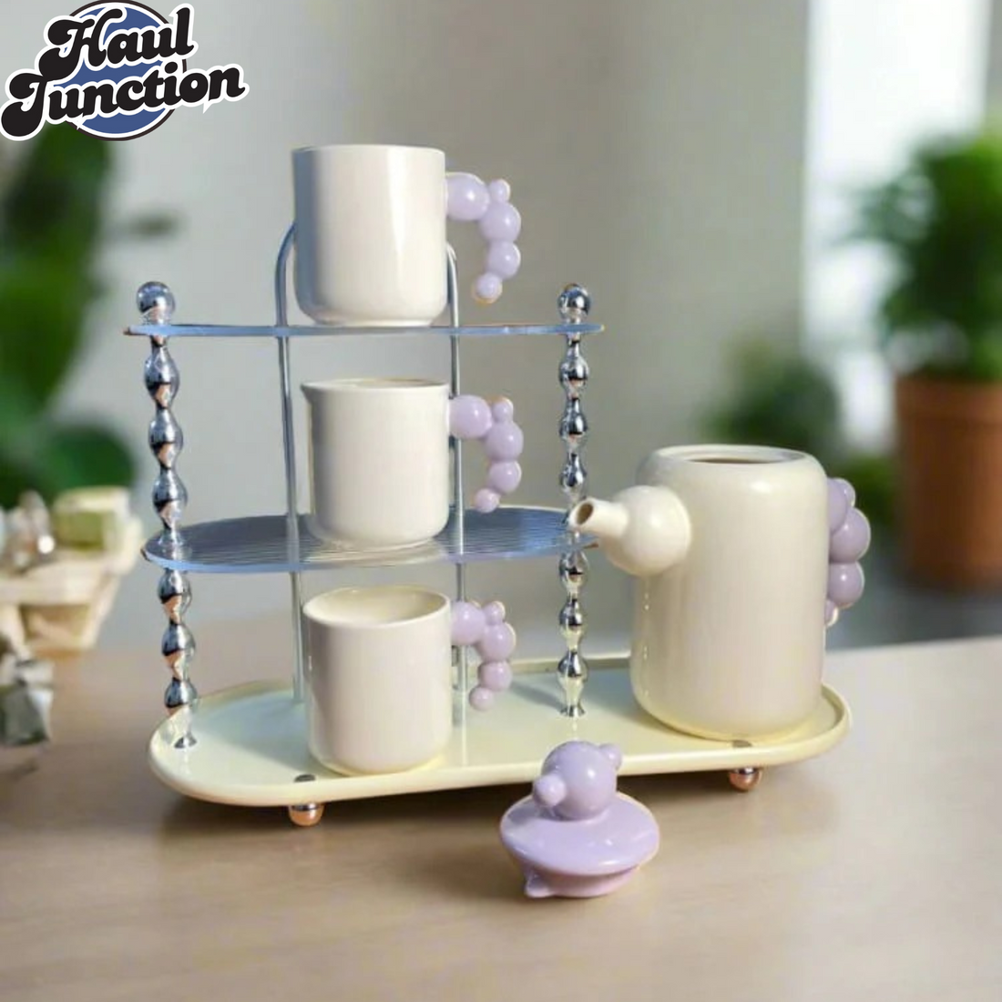 Cream-Style Ceramic Tea Set with Stylish Rack – Purple