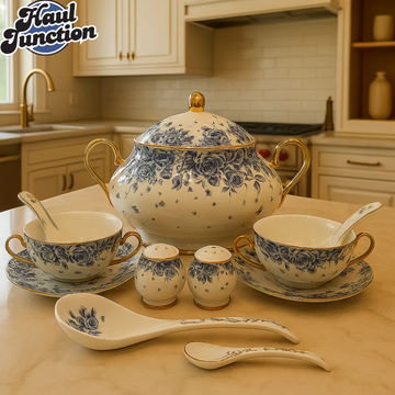 ROYAL ALBERT CERAMIC SOUP SET 23PIECE LUXURY VINTAGE DESIGN WITH GOLD HANDLES - FLORAL BLUE AND WHITE