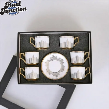 Luxury Golden Stripe Porcelain Tea Cup & Saucer Set – 12-Piece Elegance with Gold Handles