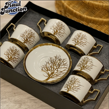 Luxury Golden Tree Design Tea Cup & Saucer Set – 12-Piece Porcelain Coffee Mug Set