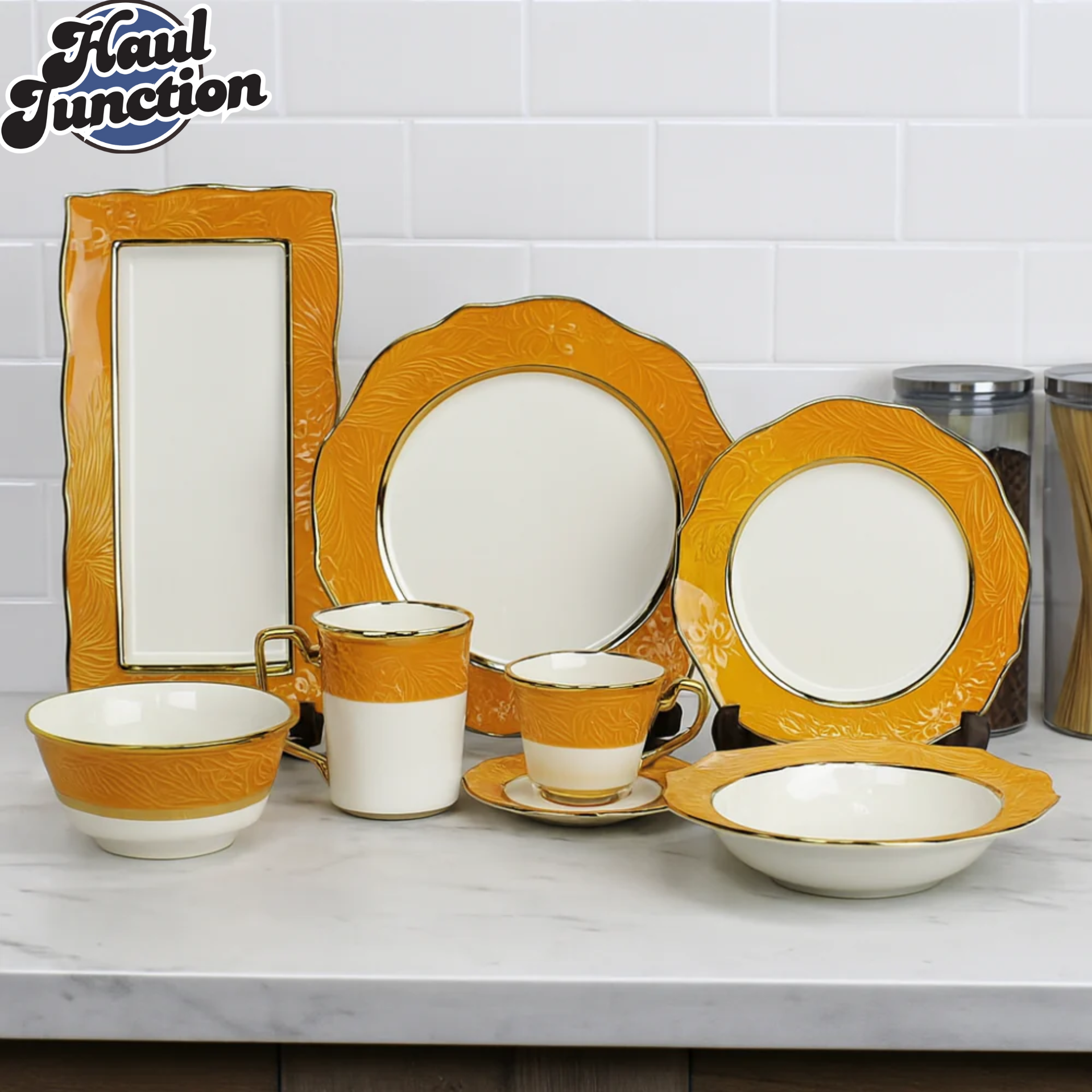 Elegant Floral Embossed 44-Piece Dinner Set with Golden-Yellow Rim