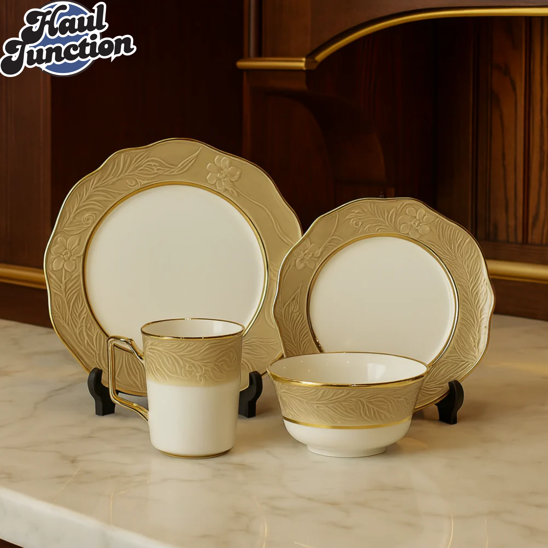 16-Piece Elegant Floral Embossed Tea Set – Gold Rim