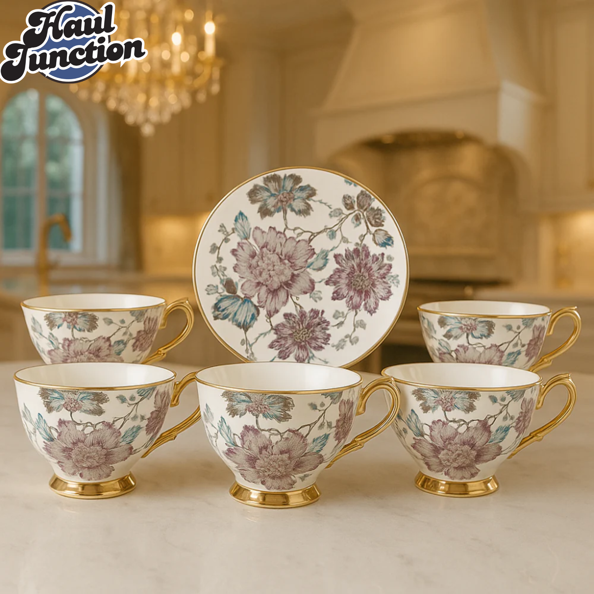 ROYAL ALBERT LUXURY FLORAL TEA CUP SET – 12 PIECE | GOLD RIMMED FINE PORCELAIN CUPS & SAUCERS