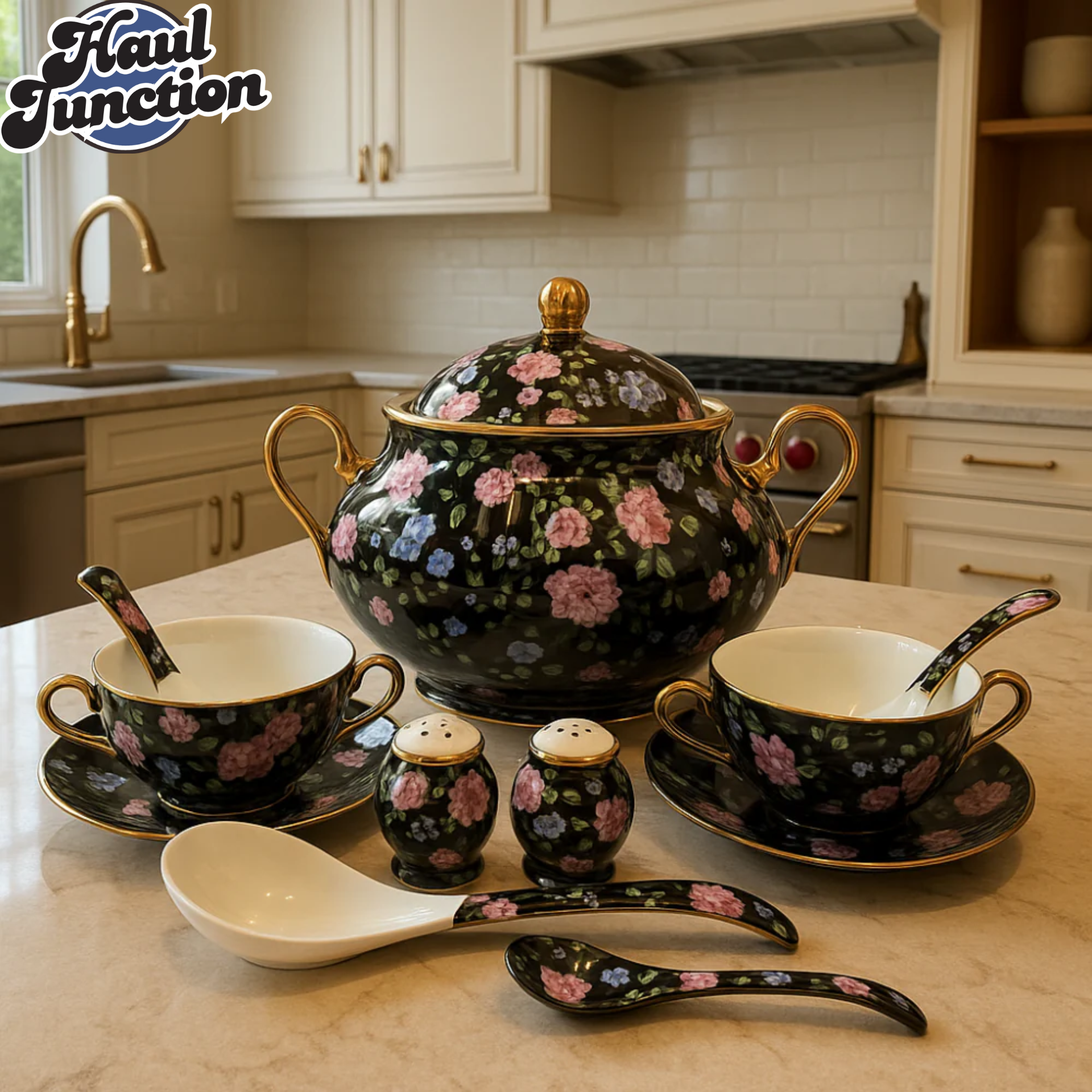 ROYAL ALBERT CERAMIC SOUP SET 23PIECE LUXURY VINTAGE DESIGN WITH GOLD HANDLES - FLORAL BLACK