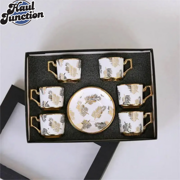 Luxury Golden Leaf Porcelain Tea Cup & Saucer Set – 12 Pieces