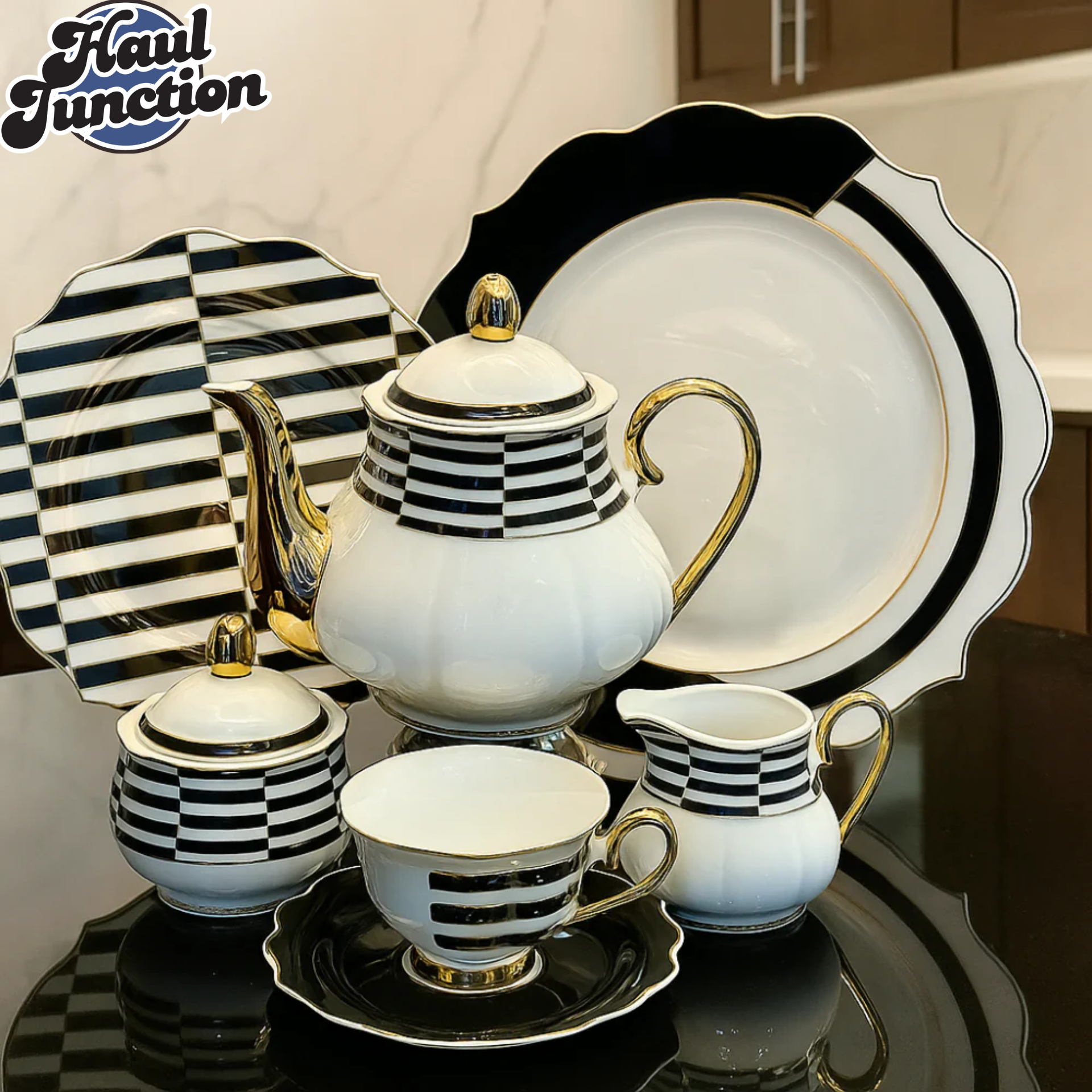 BLACK & WHITE LUXURY TEA SET – 24PIECE ROYAL STYLE WITH GOLD ACCENTS