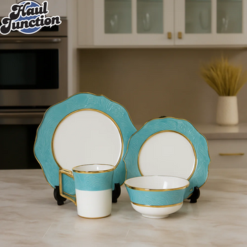 Elegant Floral Embossed Dinner Set – 16-Piece Premium Porcelain Tableware with Teal Rim