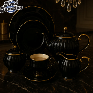 LUXURY PORCELAIN 24 PIECE TEA SET - BLACK WITH GOLD TRIM