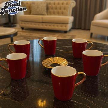 Angela 6-Piece Luxury Red Coffee Mug Set with Gold Handles & Sunburst Saucer