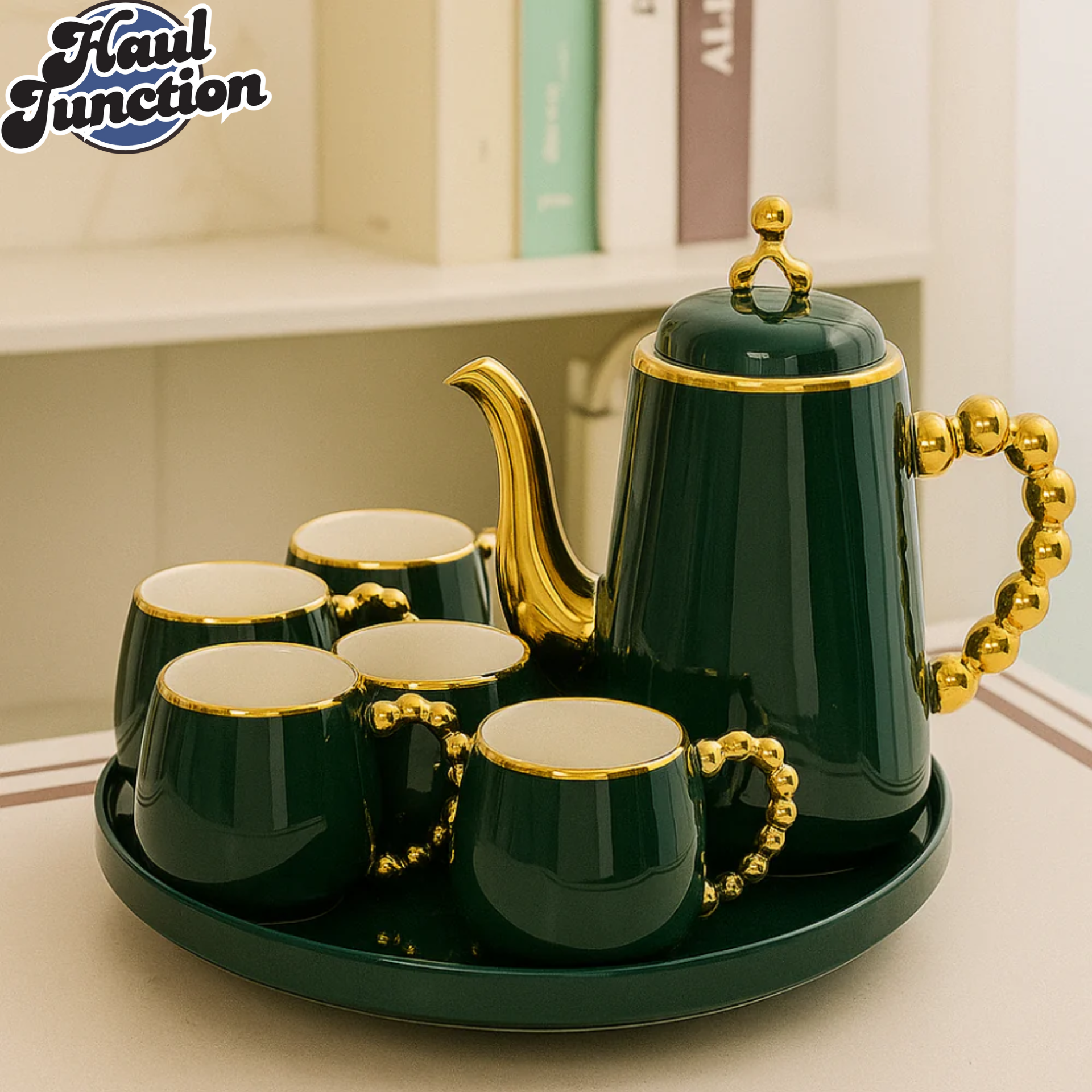 LUXURY TEA SET WITH GOLD ACCENTS  6 PIECE ELEGANT SERVING SET FOR VILLA KITCHEN DECOR - GREEN