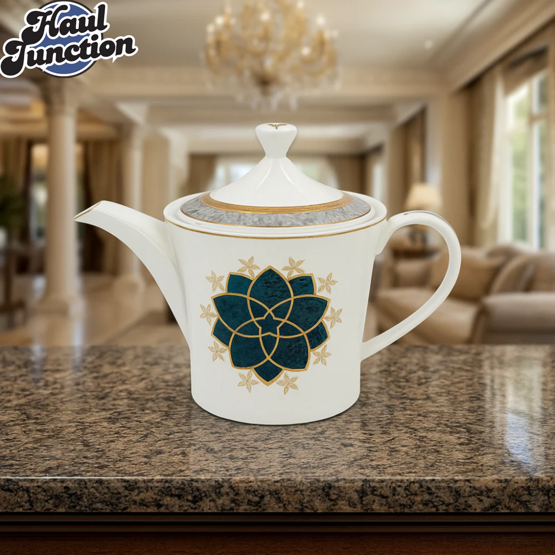 Angela Porcelain Teapot with Gold Trim & Emerald Floral Design