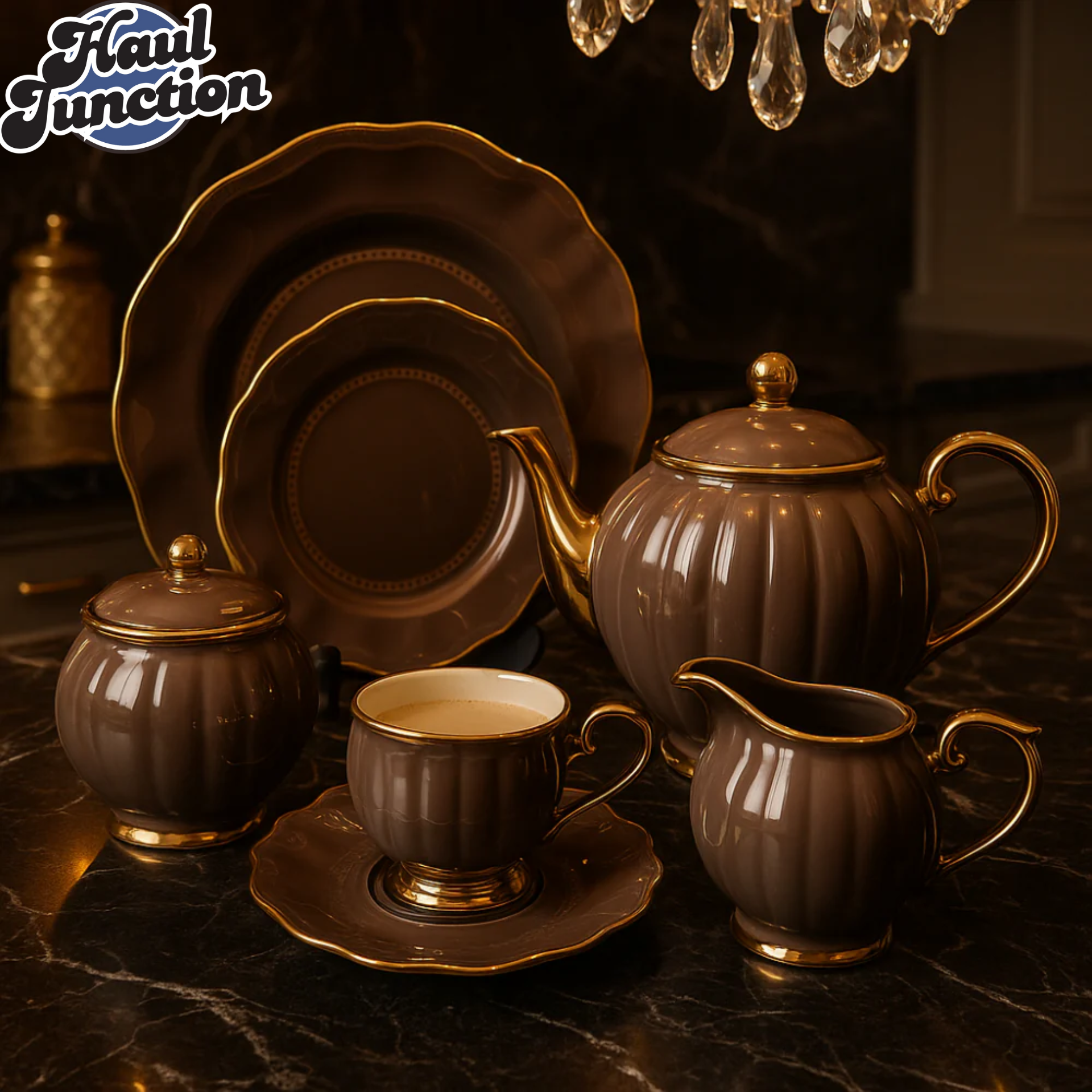 LUXURY PORCELAIN 24 PIECE TEA SET - BROWN WITH GOLD TRIM