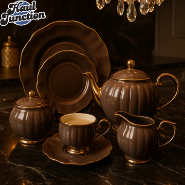 LUXURY PORCELAIN 24 PIECE TEA SET - BROWN WITH GOLD TRIM