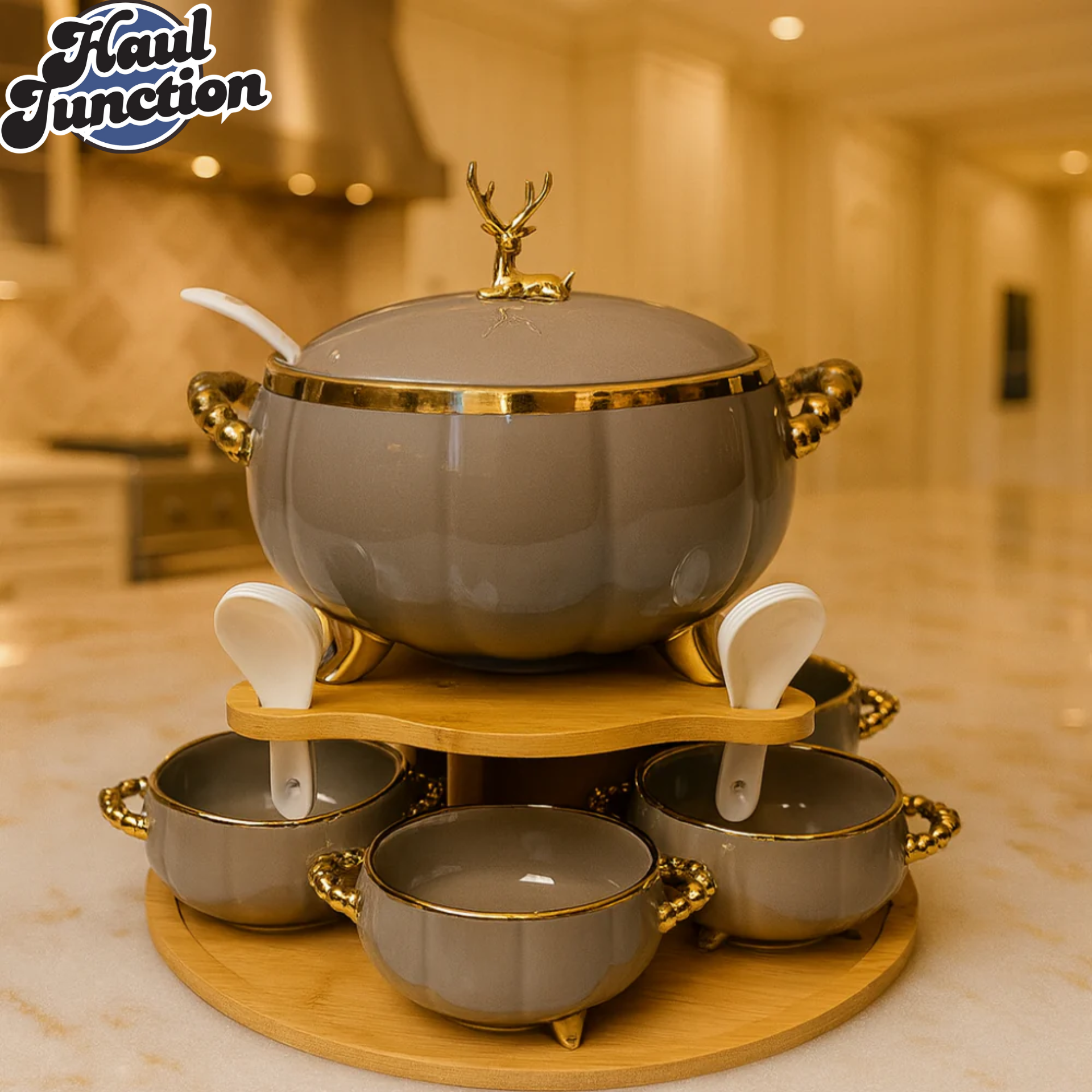 PREMIUM PORCELAIN SOUP SERVER 16PIECES – DEER KNOB LID, LADLE & MATCHING BOWLS - GRAY