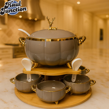 PREMIUM PORCELAIN SOUP SERVER 16PIECES – DEER KNOB LID, LADLE & MATCHING BOWLS - GRAY