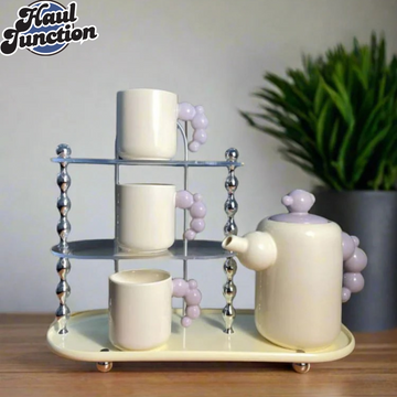 Cream-Style Ceramic Tea Set with Stylish Rack – Purple
