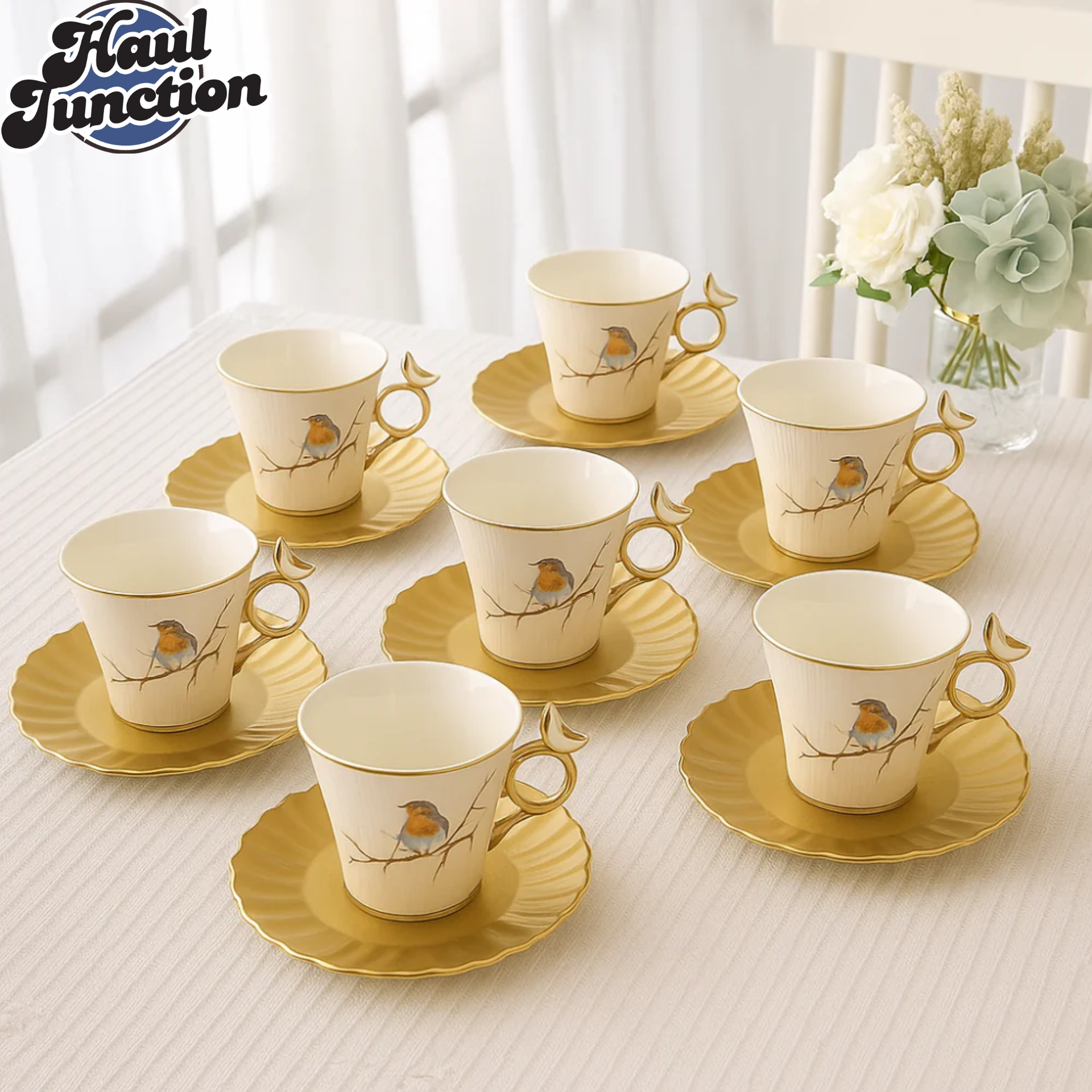 ANGELA 6-Piece Luxury Ceramic Tea Cup Set with Gold Trim & Bird Design