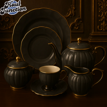 LUXURY PORCELAIN 24 PIECE TEA SET - GRAY WITH GOLD TRIM