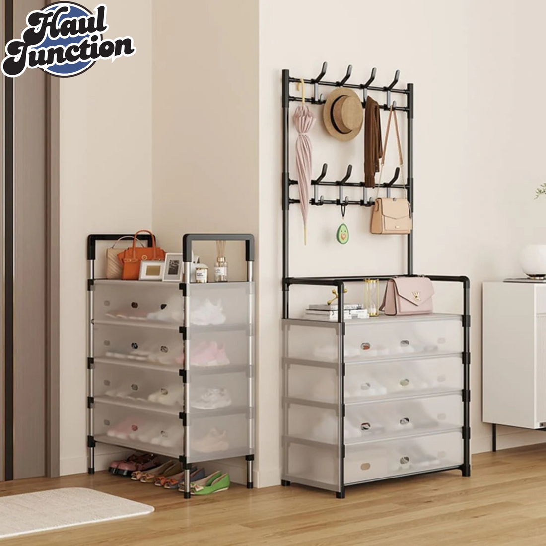 5-LAYER MULTIFUNCTIONAL SHOE STORAGE COAT RACK – FLOOR-STANDING ENTRYWAY HANGER AND SIMPLE SHOE CABINET ORGANIZER