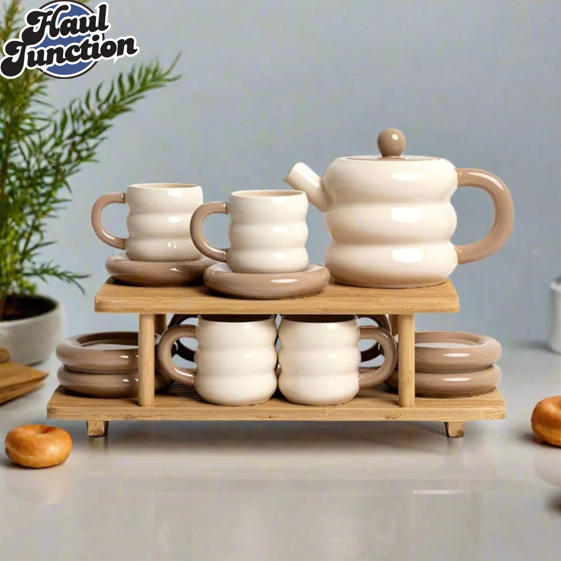 Donut Series 13-Piece Ceramic Tea Set – Elegant Gift Box Edition (Beige)