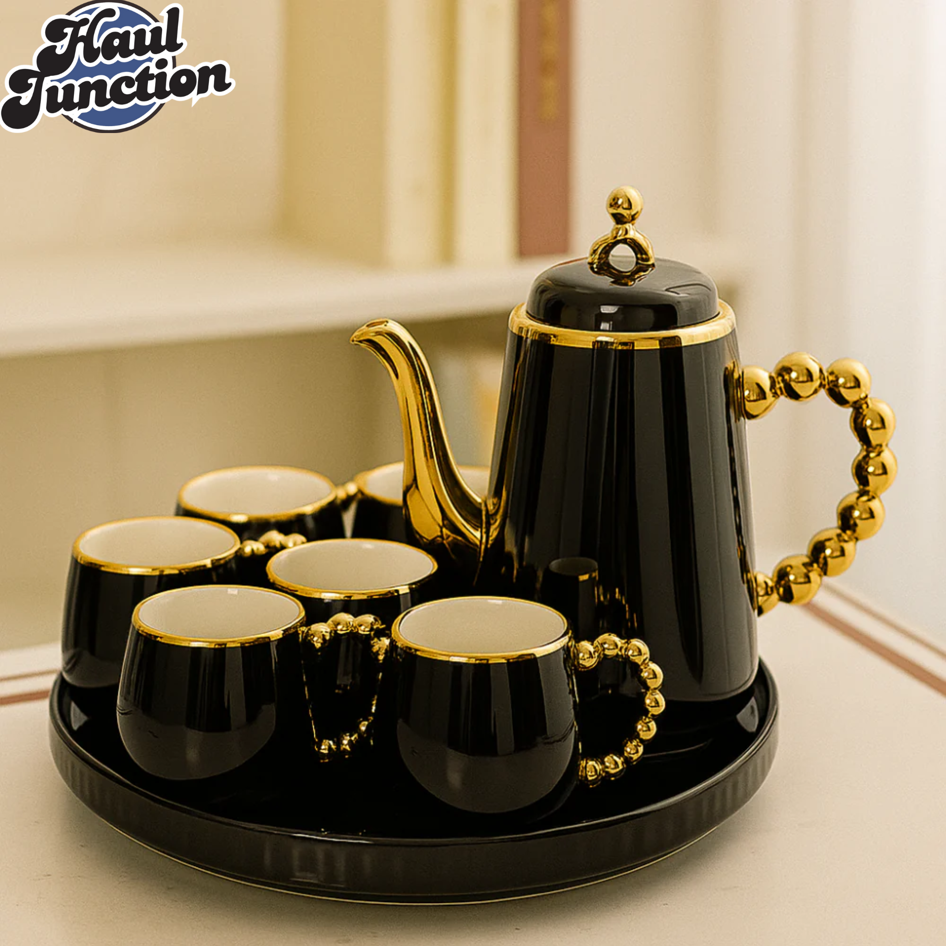 LUXURY TEA SET WITH GOLD ACCENTS  6 PIECE ELEGANT SERVING SET FOR VILLA KITCHEN DECOR - BLACK