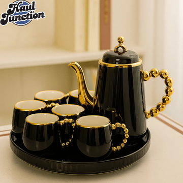 LUXURY TEA SET WITH GOLD ACCENTS  6 PIECE ELEGANT SERVING SET FOR VILLA KITCHEN DECOR - BLACK