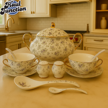 ROYAL ALBERT CERAMIC SOUP SET 23PIECE LUXURY VINTAGE DESIGN WITH GOLD HANDLES - LAVENDER BLOSSOM