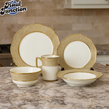 Elegant Floral Embossed 30-Piece Dinner Set with Beige Rim