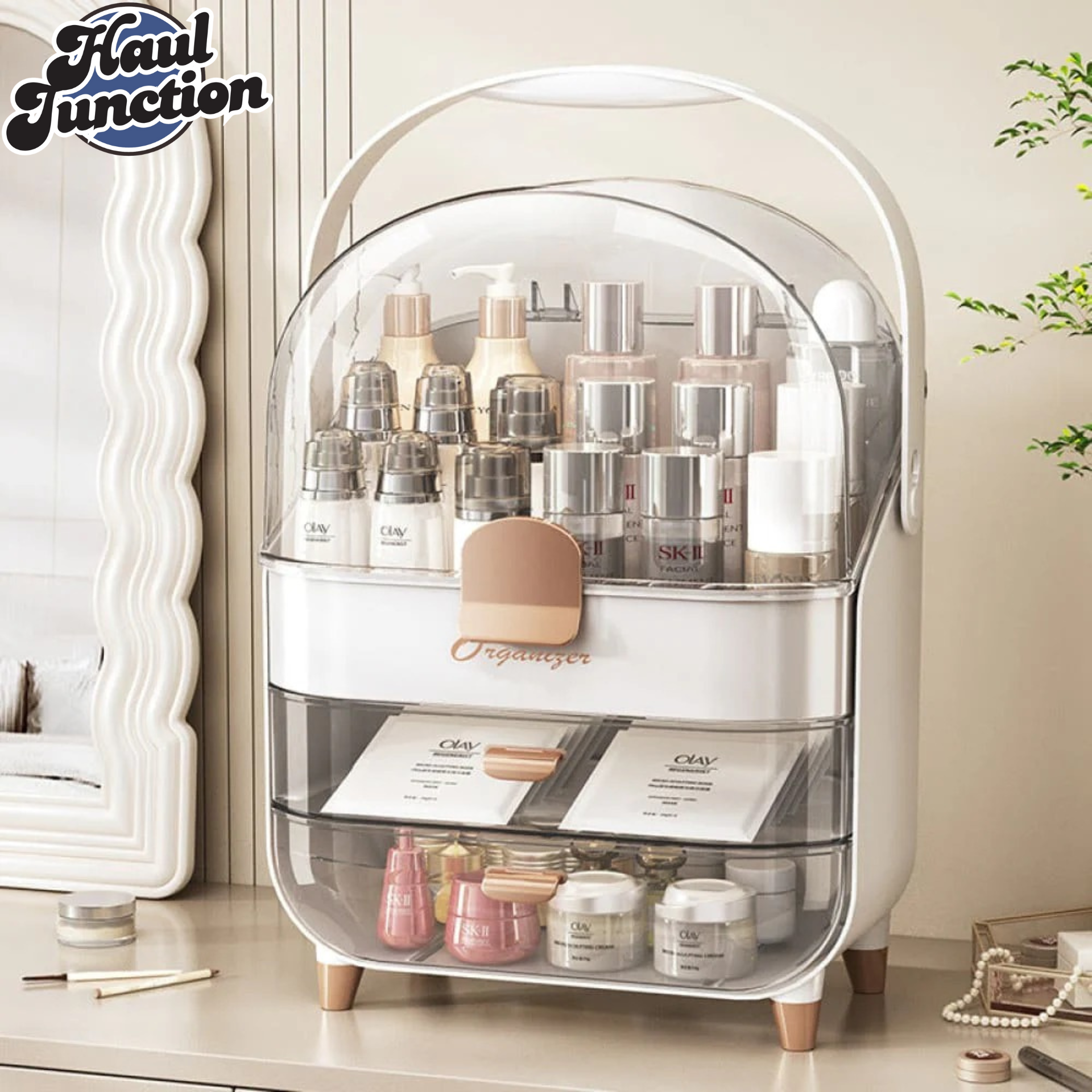 LIGHT LUXURY COSMETIC STORAGE BOX – HIGH-QUALITY DUSTPROOF PORTABLE MAKEUP & SKINCARE ORGANIZER WITH LARGE CAPACITY