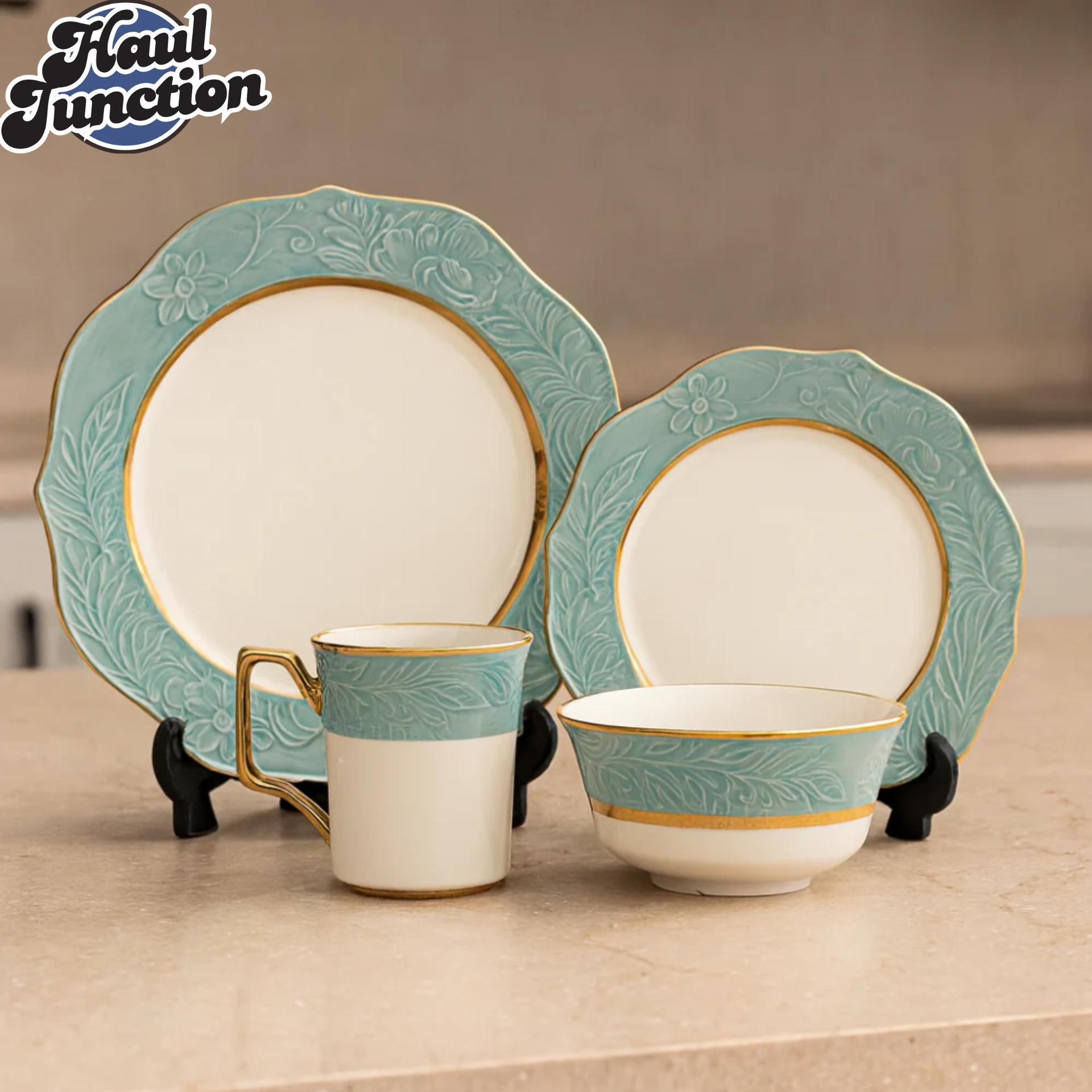 Elegant Floral Embossed 16-Piece Dinner Set with Turquoise Rim