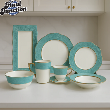 Elegant Floral Embossed 44-Piece Dinner Set with Turquoise Rim