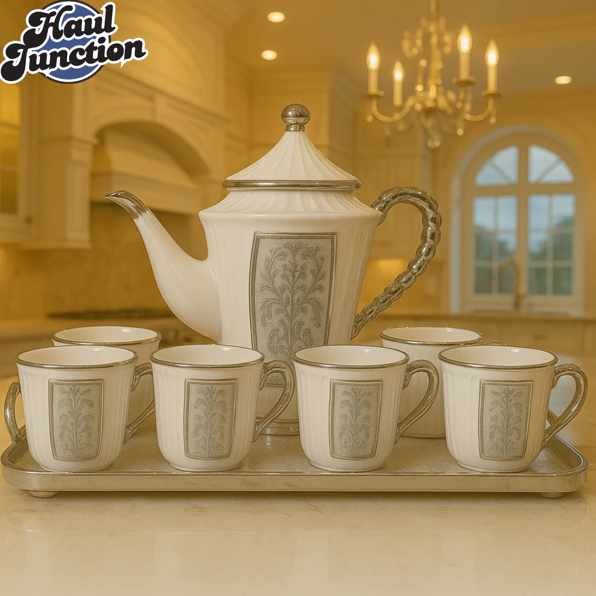 ROYAL WHITE & GOLD TEA SET – 7 PIECE LUXURY CERAMIC SET WITH TRAY FOR VILLA KITCHEN DISPLAY - WHITE & SILVER