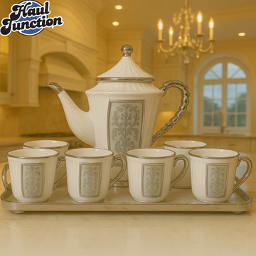 ROYAL WHITE & GOLD TEA SET – 7 PIECE LUXURY CERAMIC SET WITH TRAY FOR VILLA KITCHEN DISPLAY - WHITE & SILVER