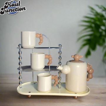 Cream-Style Ceramic Tea Set – Elegant Teapot & Cups with Rack (Beige) | HaulJunction
