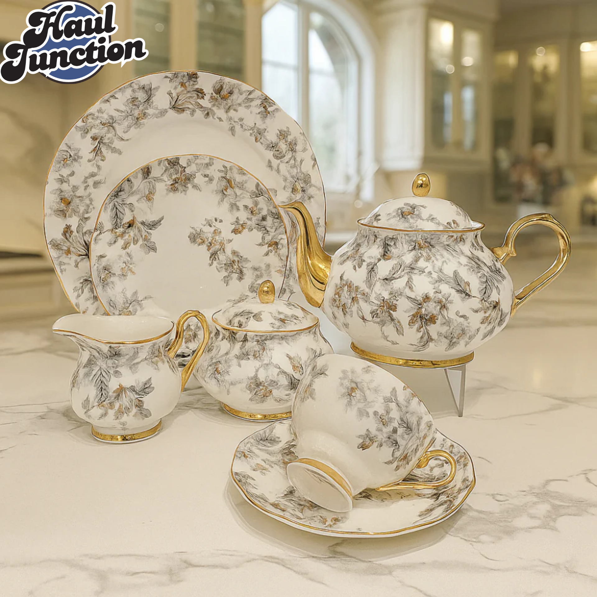 ROYAL ALBERT 24PIECE TEASET VINTAGE FLORAL DESIGN WITH GOLD TRIM - ASH BLOOM FLORAL