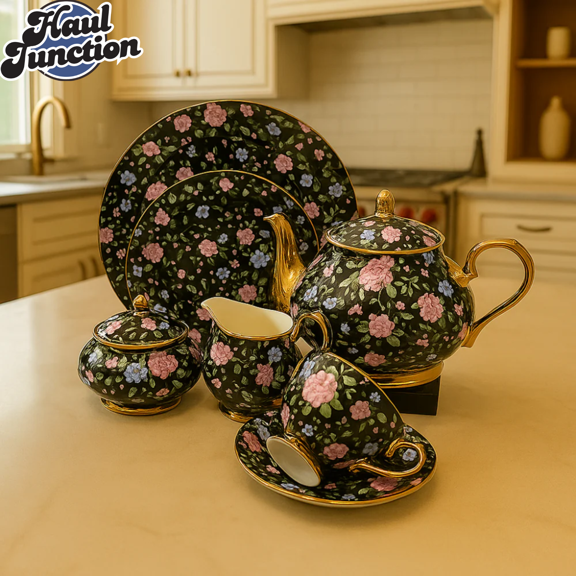 ROYAL ALBERT 24PIECE TEASET VINTAGE FLORAL DESIGN WITH GOLD TRIM - MIDNIGHT BLOOM FLORAL