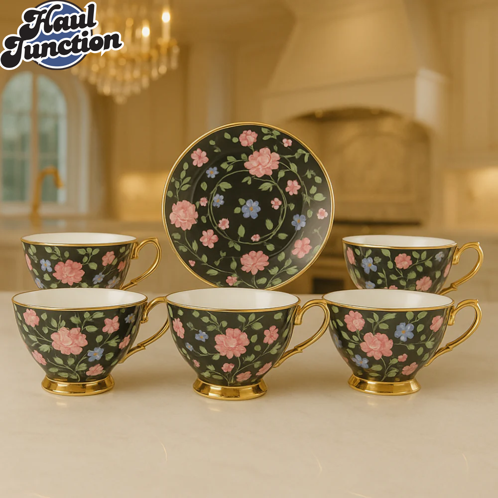 ROYAL ALBERT BLACK FLORAL TEA CUP SET – 12 PIECE  GOLD RIMMED PORCELAIN CUPS & SAUCERS