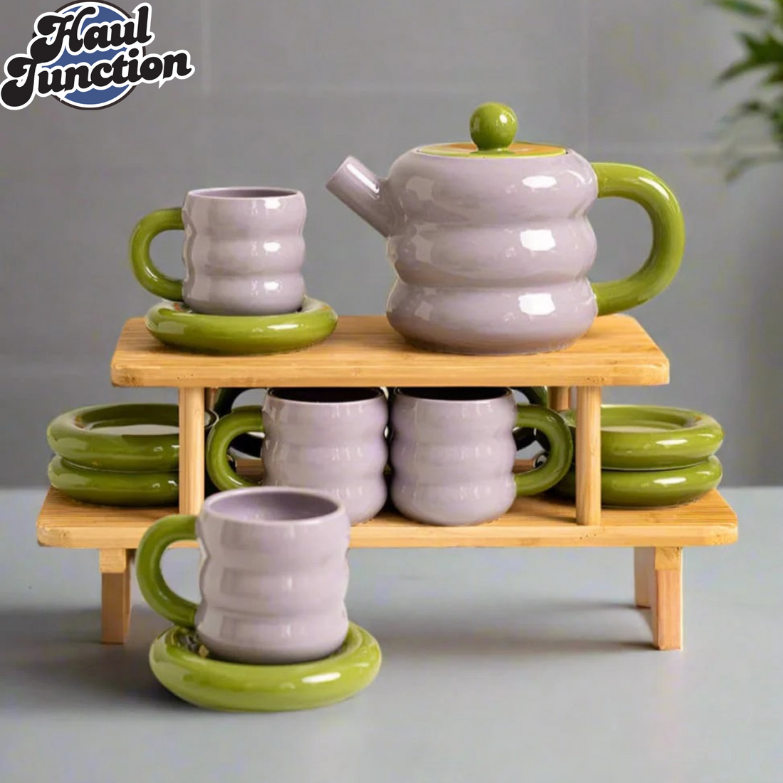 Donut Series 13-Piece Ceramic Tea Set – Elegant Gift Box Edition (Green Purple)