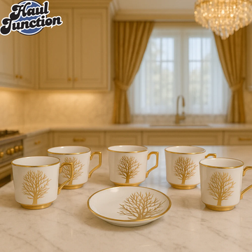 LUXURY GOLD TREE DESIGN TEA CUP SET – 6 PIECE WITH SAUCER | PREMIUM PORCELAIN COFFEE MUGS FOR VILLA KITCHEN DECOR