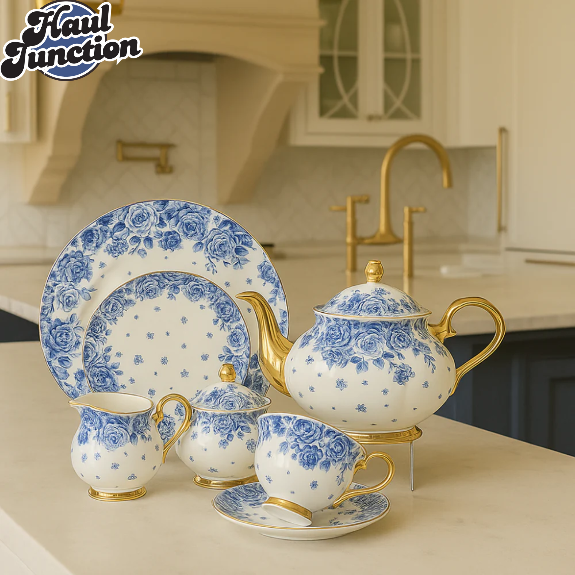ROYAL ALBERT 24PIECE TEASET VINTAGE FLORAL DESIGN WITH GOLD TRIM - ROYAL COBALT BLOSSOM PATTERN