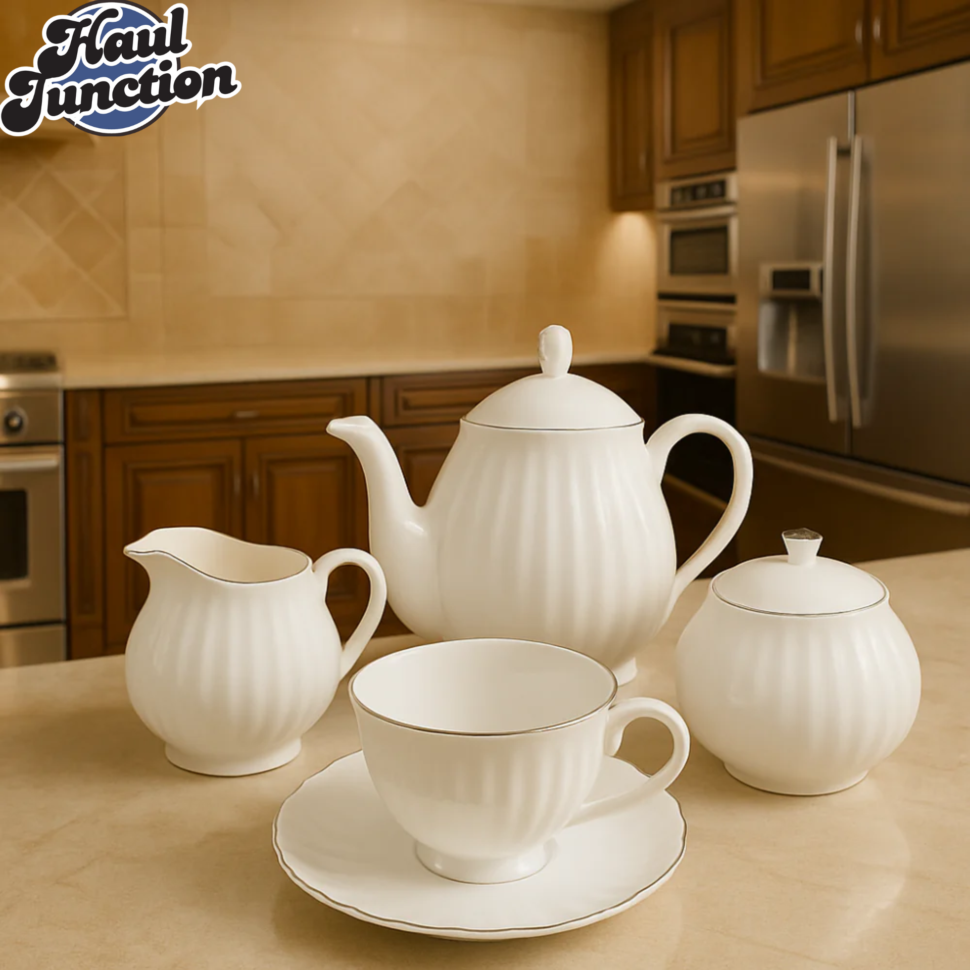 Luxury Porcelain Tea Set 17-Piece – Gold Trimmed Pumpkin Fluted Design