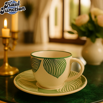 GREEN LEAF DESIGN CERAMIC TEA CUP & SAUCER 200ML 6PIECE – LUXURY BOTANICAL STYLE