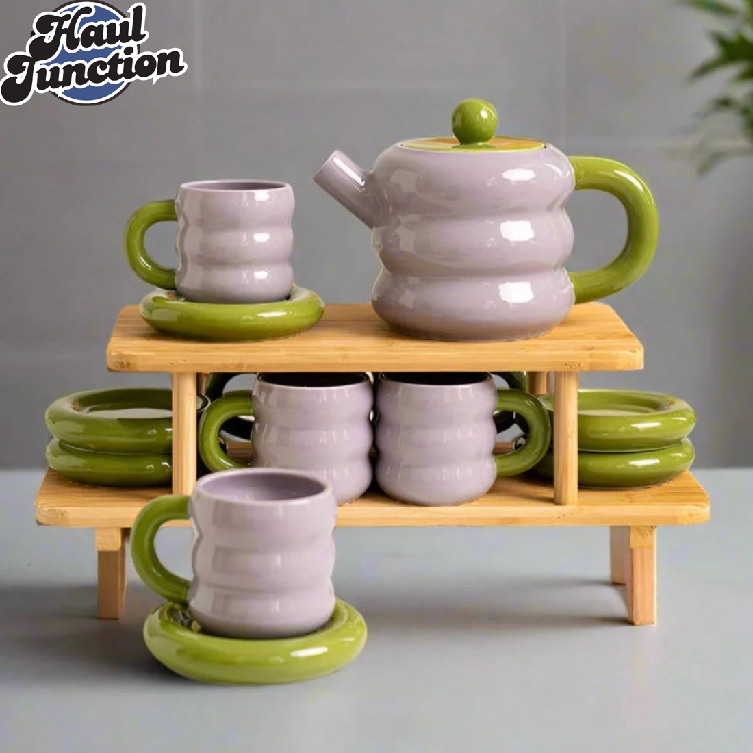 Donut Series 13-Piece Ceramic Tea Set – Elegant Gift Box Edition (Yellow Green)