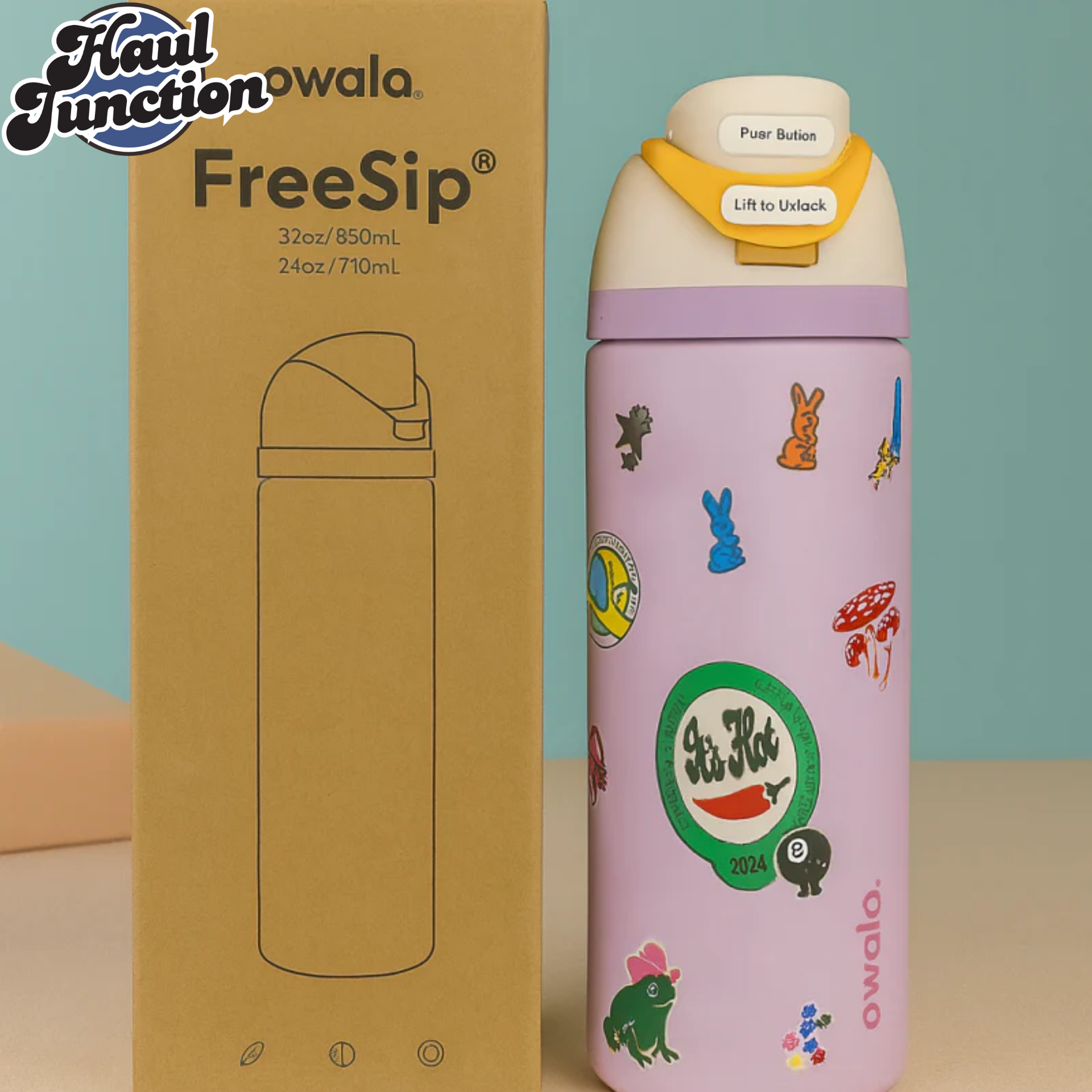 OWALA FREESIP 24OZ WATER BOTTLE - PASTLE PURPLE FUN STICKERS