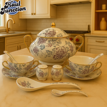 ROYAL ALBERT CERAMIC SOUP SET 23PIECE LUXURY VINTAGE DESIGN WITH GOLD HANDLES - IMPERIAL BLOOM FLORAL