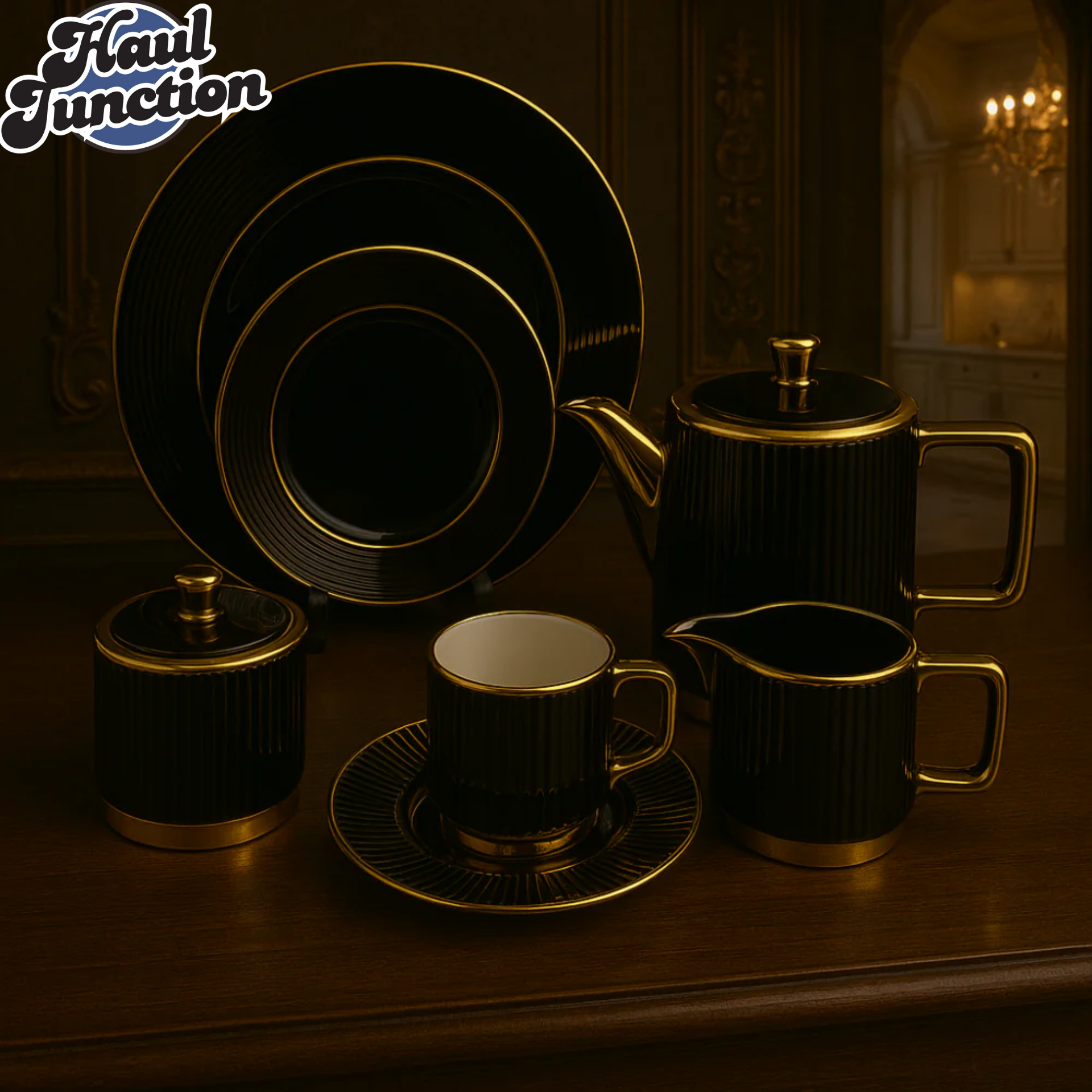 Luxury 24-Piece Porcelain Tea Set Black Gold